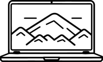 computador portátil computador com montanhas ícone ilustração Projeto dentro Preto e branco vetor