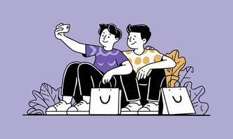 uma limpar \ limpo e moderno plano Projeto ilustração do dois Garoto sentado com compras saco e levando selfie. vetor
