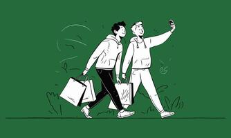 dois Rapazes caminhando com compras bolsas e levando selfie. uma limpar \ limpo e moderno plano Projeto ilustração. vetor