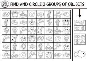 debaixo a mar Preto e branco procurar e encontrar jogos com tradicional símbolos. atenção Habilidades Treinamento quebra-cabeça. oceano imprimível linha atividade para crianças. água animais e peixe procurando coloração página vetor