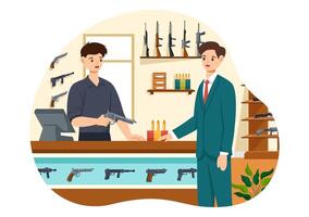 arma de fogo fazer compras ou Caçando ilustração apresentando uma rifle, bala, arma, e Caçando equipamento dentro uma plano estilo desenho animado fundo Projeto vetor