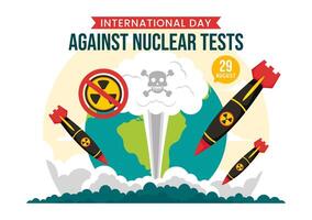 internacional dia contra nuclear testes ilustração para agosto 29 características uma terra, e foguete bombear dentro uma plano estilo desenho animado fundo vetor