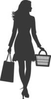 silhueta mulheres com compras cesta cheio corpo Preto cor só vetor