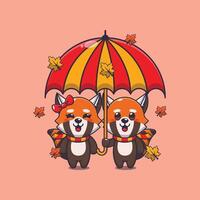 fofa casal vermelho panda com guarda-chuva às outono estação vetor