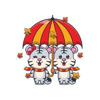 fofa casal branco tigre com guarda-chuva às outono temporada. mascote desenho animado ilustração adequado para poster, folheto, rede, mascote, adesivo, logotipo e ícone. vetor