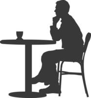 silhueta homem sentado às uma mesa dentro a cafeteria Preto cor só vetor