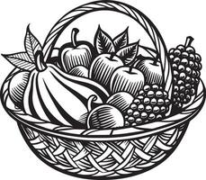 cesta com frutas ilustração Preto e branco vetor