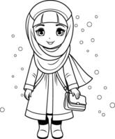 árabe menina com uma saco do presentes. coloração livro para crianças. vetor