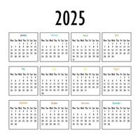 2025 calendário clássico em uma branco fundo vetor