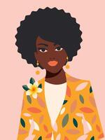 lindo africano americano mulher à moda. retrato do uma jovem mulher com uma lindo face e ondulado cabelo em uma Rosa vertical fundo. vetor