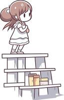 menina em pé em a escadas e olhando às a estante. vetor