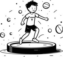 Garoto jogando voleibol em uma volta piscina dentro desenho animado estilo. vetor