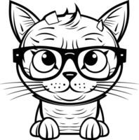 Preto e branco desenho animado ilustração do gato com óculos para coloração livro vetor