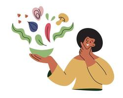 sustentável Comida composição, saudável dieta, ilustração do mulher comendo eco amigáveis produtos, mexilhões, cogumelo e trigo sarraceno ícones, ir verde composição, sustentabilidade estilo de vida vetor