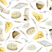 aguarela laticínios produtos desatado padronizar com suíço queijos, queijo Camembert, leite garrafa, chá toalha, chalé queijo e orelhas do trigo. mão desenhado ilustração para rústico Fazenda vetor