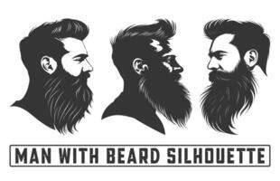 barbudo homens face descolados com diferente cortes de cabelo, homens com barba silhueta Pacotes, bigodes, barbas, silhuetas, avatares, cabeças. vetor