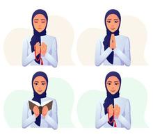 mulher muçulmana com vestido branco com hijab azul lendo Alcorão, rezando com pérola e sorriso ilustração vetorial premium. Projeto vetor