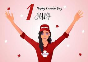feliz dia do Canadá, mulher comemorando com as mãos no vetor dos desenhos animados do ar.