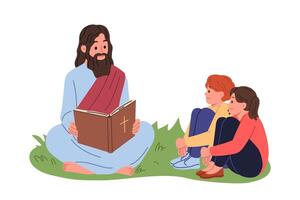 Jesus lê Bíblia para crianças sentado em grama, explicando para crianças mandamentos a partir de cristão vetor