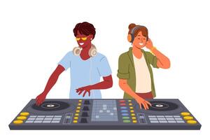 dois dj usar mistura console para entreter visitantes para discoteca dentro Boate e jogar original musical exitos vetor