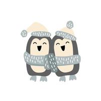 fofo vetor de Natal desenhado à mão dois pinguins. ilustração de inverno escandinavo para camiseta de bebê de berçário, roupas de crianças, convite. desenho infantil simples