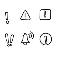 conjunto simples de avisos de mão desenhada relacionados a ícones de linha do vetor. contém ícones como alerta, ponto de exclamação, sinal de aviso. rabisco vetor
