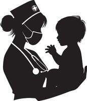 enfermeira com criança Preto cor silhueta vetor