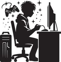 Garoto jogando computador jogos, r Preto cor silhueta vetor