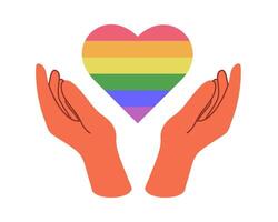 solidário mãos segurando arco Iris coração. símbolo do lgbtq orgulho e amor vetor