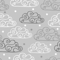 padrão sem emenda desenhado à mão com nuvens bonitos, estrelas em um fundo cinza. vetor