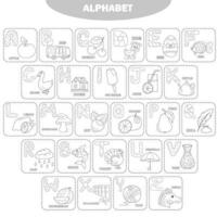 página para colorir. alfabeto inglês com fotos e títulos para educação infantil vetor