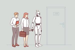 humanóide robô com ai compete para vaga e oportunidade para pegue trabalho, em pé dentro linha com pessoas vetor