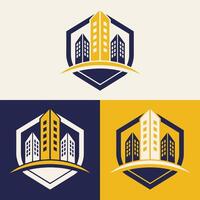 real Estado logotipo Projeto apresentando azul e amarelo cores com silhueta edifícios dentro a fundo vetor