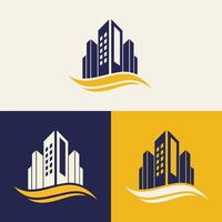 real Estado logotipo Projeto apresentando azul e amarelo cores com silhueta edifícios dentro a fundo vetor