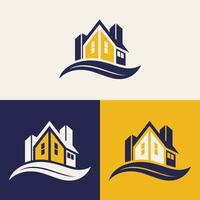 real Estado logotipo Projeto apresentando azul e amarelo cores com silhueta edifícios dentro a fundo vetor