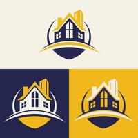 real Estado logotipo Projeto apresentando azul e amarelo cores com silhueta edifícios dentro a fundo vetor