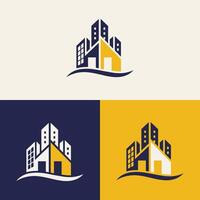 real Estado logotipo Projeto apresentando azul e amarelo cores com silhueta edifícios dentro a fundo vetor