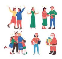 conjunto de caracteres de vetor de cor semi plana de festa de Natal. posando figuras. pessoas de corpo inteiro em branco. amigos isolaram ilustração de estilo de desenho animado moderno para coleção de design gráfico e animação