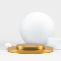 luxo 3d dourado cilindro pódio pedestal com branco esfera fundo realista vetor