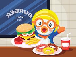 fofa pinguin comendo hamburguer vetor