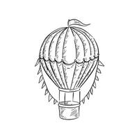 uma linha desenhado quente ar balão com decorativo elementos Incluindo bunting. Preto e branco linha desenhando de mão. vetor