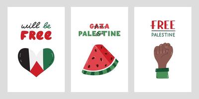 livre Palestina conjunto do cartazes com escrito a mão letras e simples mão desenhado clipart do punho, Melancia fatiar, gaza bandeira dentro a coração. conceito do Apoio, suporte e ficar de pé com Palestina. vai estar livre. vetor