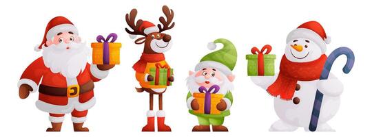 santa Papai Noel, rena, duende e boneco de neve com Natal presentes estão feriado personagens dentro Novo anos figurinos. ideal para sazonal cartões e decorações. vetor