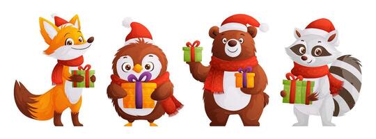 fofa desenho animado animais com Natal presentes - Raposa, pinguim, Urso e guaxinim dentro feriado chapéus e lenços. ideal para Natal cartões e feriado decoração. vetor