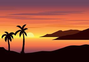 panorâmico pôr do sol em a praia, natureza ilustração. vetor