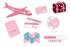 verão ilustração, conjunto do fofa Rosa viagem ícones, viagem e aventura turismo, viagem fora do país, verão período de férias viagem definir, Rosa bilhetes, Rosa avião, Passaporte, globo vetor