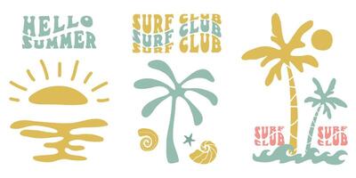 retro groovy surfar clube dentro na moda boho estilo. ingênuo geométrico verão Palma árvore. simples fundo do Sol mar. retro verão de praia mão desenhado isolado ilustração. vintage surfar clube. ilustração vetor