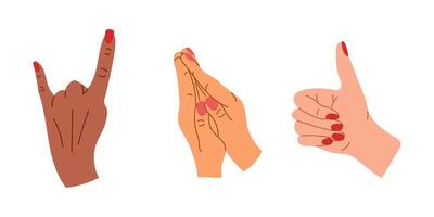 mão desenhado conjunto do diversidade mãos gestos. corpo língua e Rezar de mãos. plano rabisco ilustrações isolado em branco fundo vetor