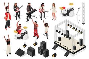 música show 3d isométrico mega definir. coleção plano isometria elementos do pessoas às festival, músicos jogar instrumentos, cantor com microfone às estágio, caixas de som e holofotes. ilustração. vetor