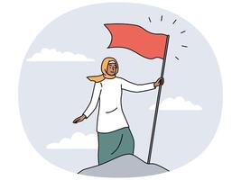 árabe mulher colocar vermelho bandeira em montanha pico vetor